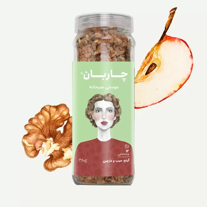 موسلی گردو، سیب و دارچین شیشهای چاربان موسلی گردو، سیب و دارچین شیشهای چاربان
